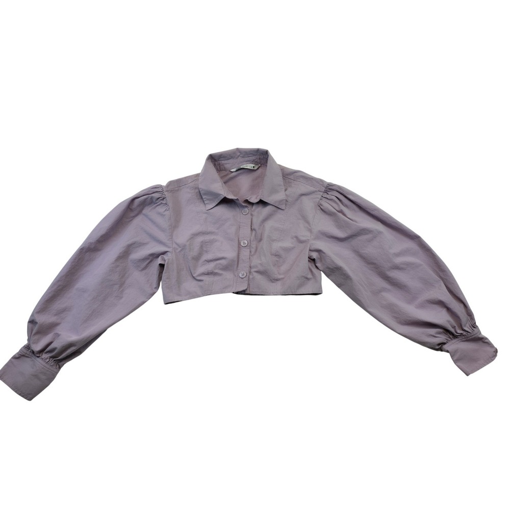 ZARA Cropped Balloon Sleeve Collared Button Up Shirt Lilac Sz XS Puffy Statement